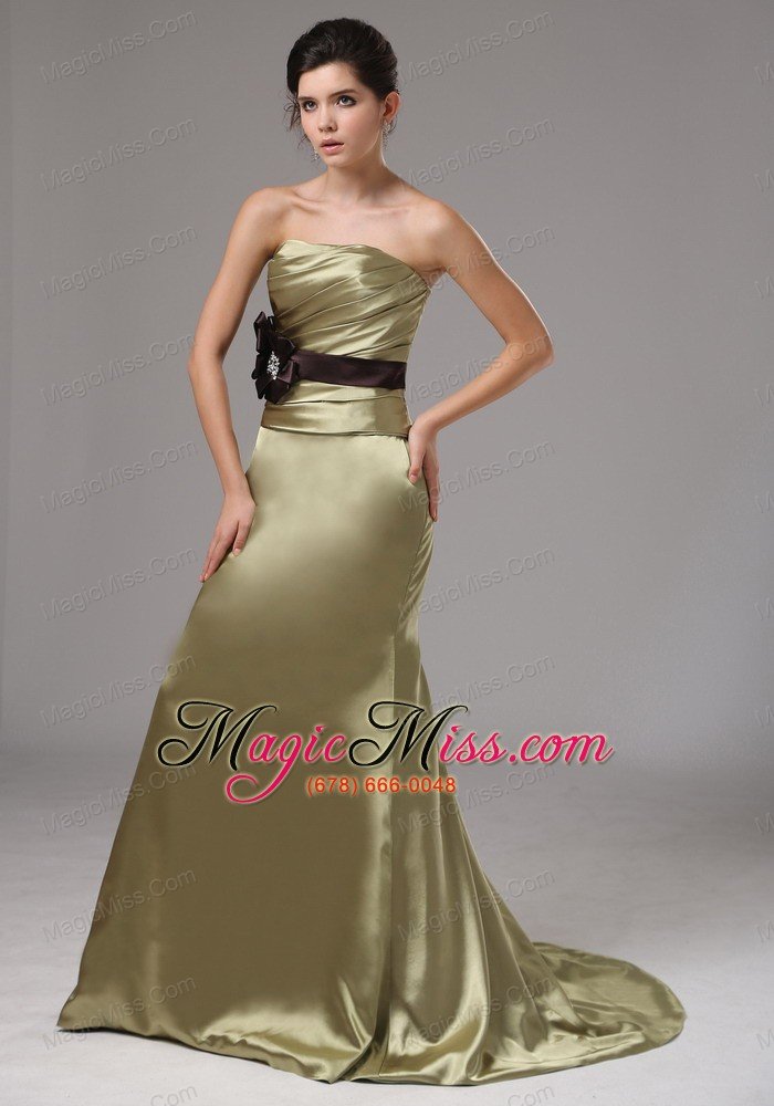 wholesale strapless mermaid elastic woven satin olive green prom dress with black sash in bloomington