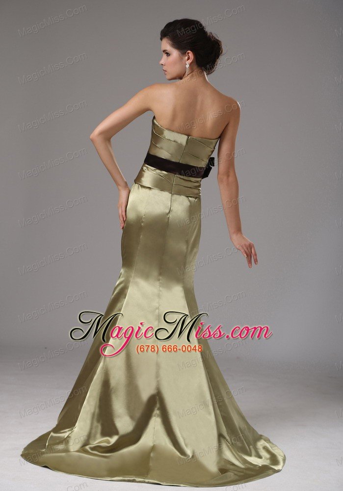 wholesale strapless mermaid elastic woven satin olive green prom dress with black sash in bloomington