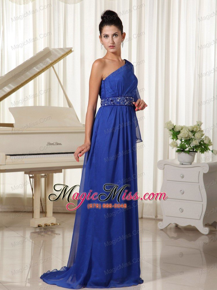 wholesale one shoulder with 1/2-length sleeve beaded decorate waist royal blue prom dress
