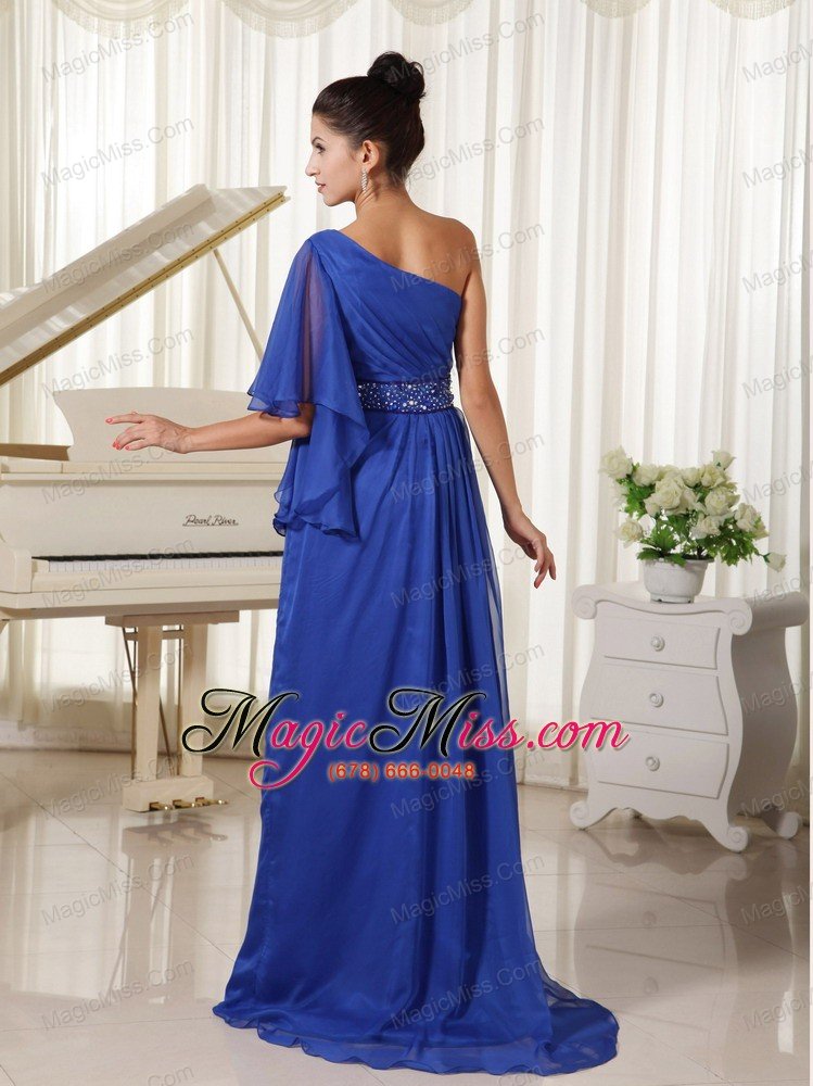 wholesale one shoulder with 1/2-length sleeve beaded decorate waist royal blue prom dress