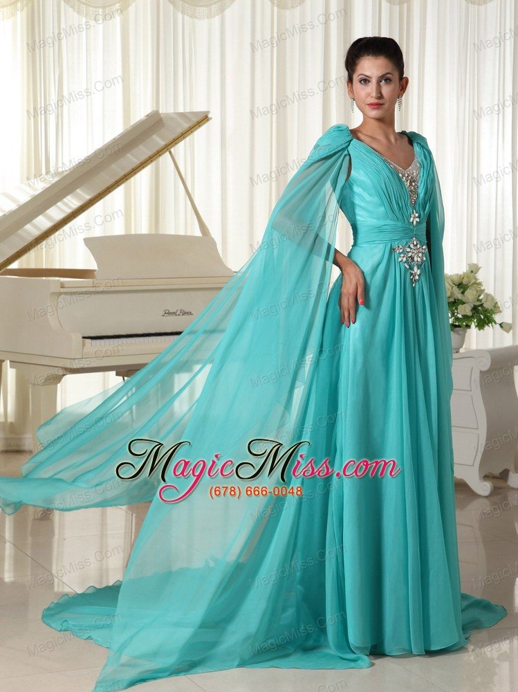 Long Sleeves V-neck Turquoise Chiffon Wonderful Prom Dress With Appliques and Beading - US$151.29