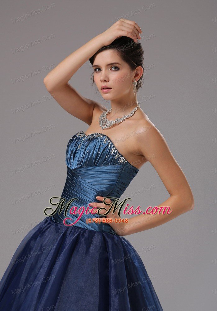 wholesale beaded decorate a-line navy blue strapless organza prom dress in saint joseph