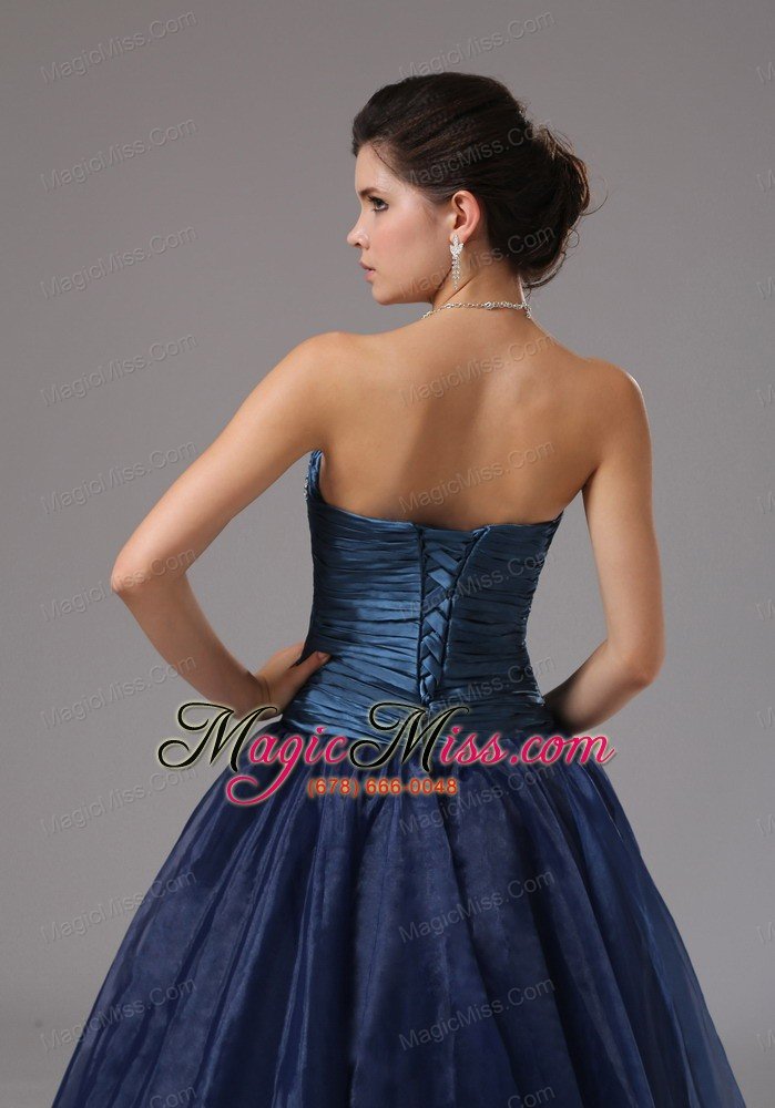 wholesale beaded decorate a-line navy blue strapless organza prom dress in saint joseph