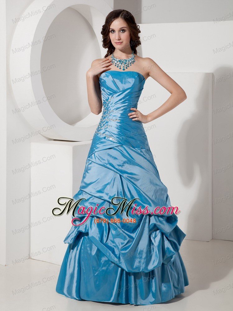 wholesale blue a-line / princess strapless floor-length taffeta beading prom dress
