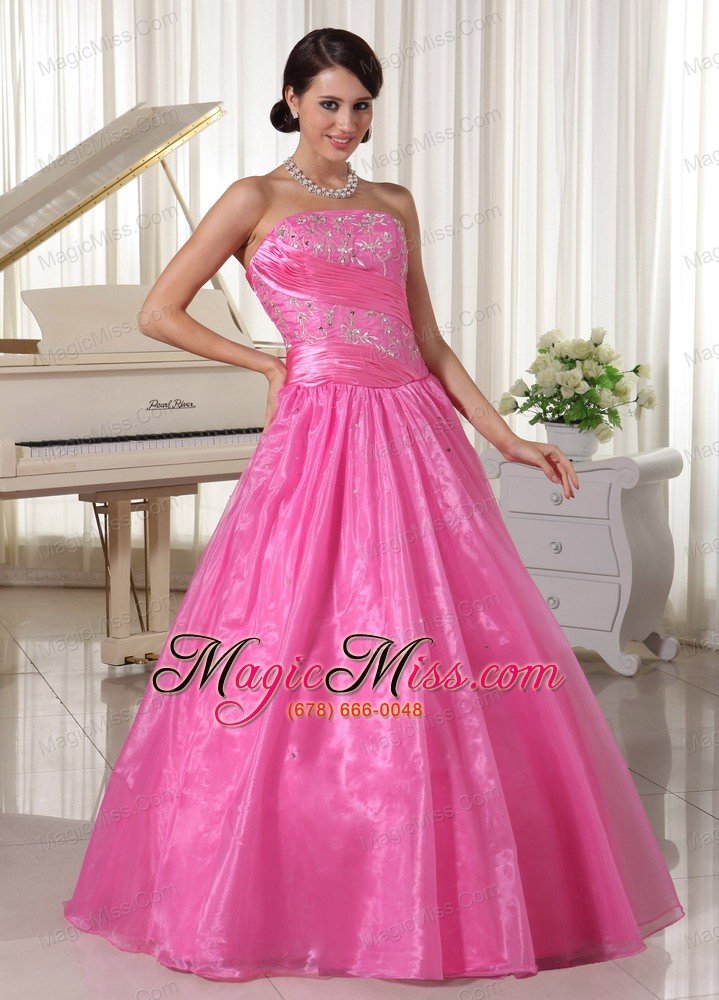 wholesale rose pink embroidery with beading prom dress with ruch a-line taffeta and organza