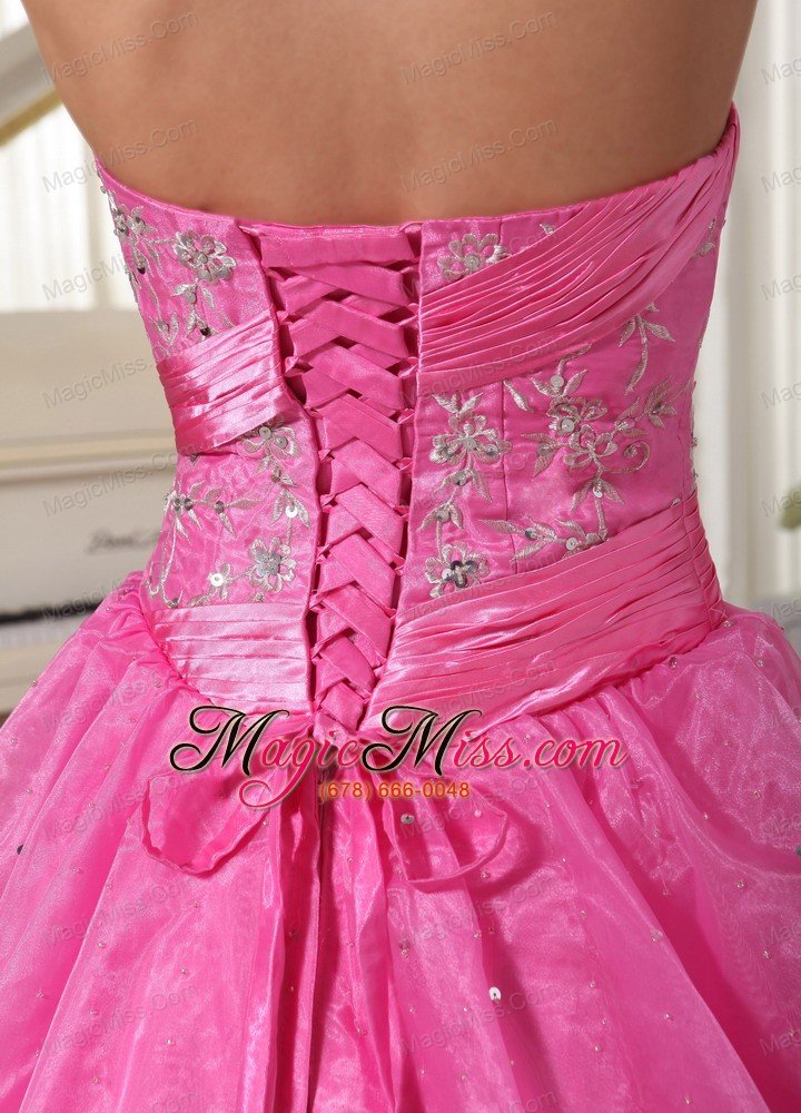 wholesale rose pink embroidery with beading prom dress with ruch a-line taffeta and organza