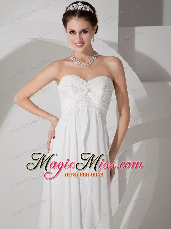 wholesale popular empire sweetheart brush train chiffon appliques and ruch wedding dress