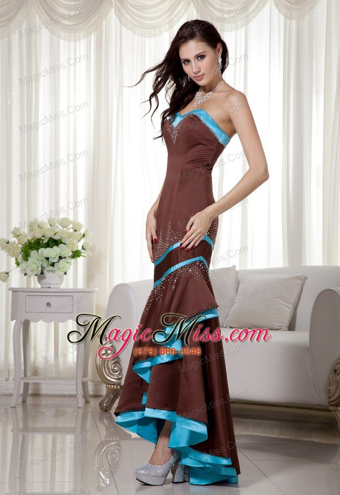 wholesale brown and blue mermaid sweetheart asymmetrical satin beading prom dress