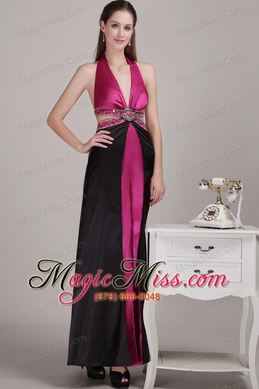 wholesale fuchsia empire halter ankle-length elastic woven satin beading prom dress