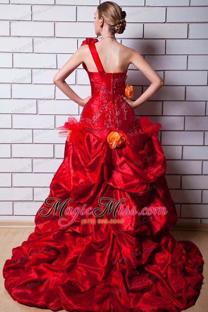 wholesale red a-line one shoulder brush train taffeta appliques and hand made flowers prom dress