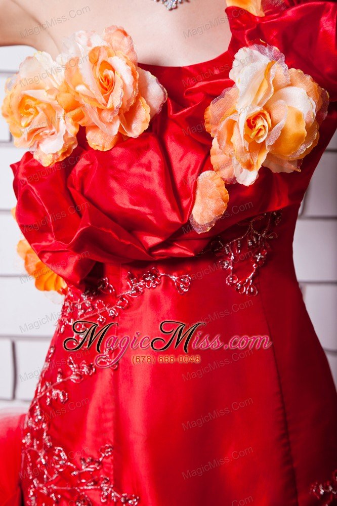 wholesale red a-line one shoulder brush train taffeta appliques and hand made flowers prom dress
