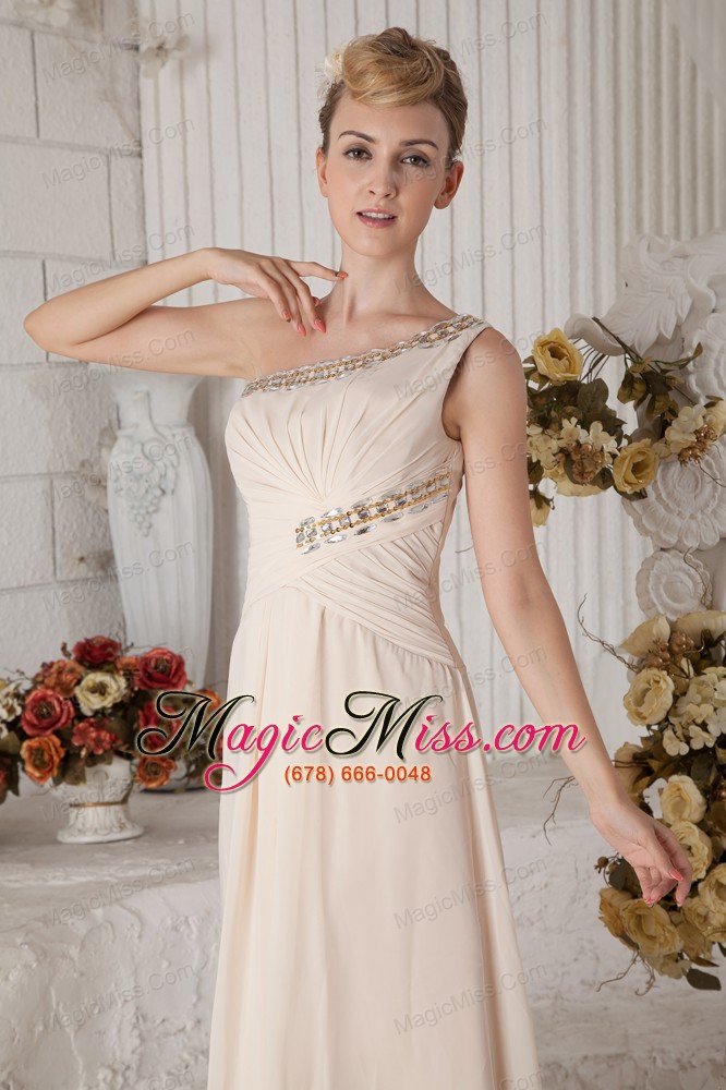 wholesale champagne empire one shoulder floor-length chiffon beading and ruch prom dress