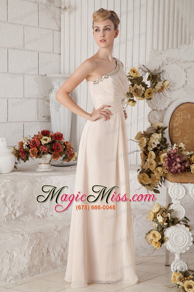 wholesale champagne empire one shoulder floor-length chiffon beading and ruch prom dress