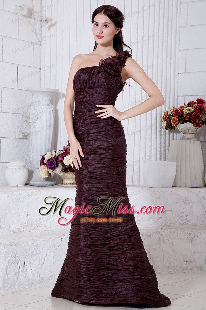 wholesale burgundy mermaid one shoulder prom / evening dress hand made flowers brush train special fabric