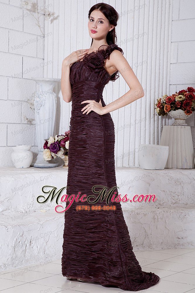 wholesale burgundy mermaid one shoulder prom / evening dress hand made flowers brush train special fabric