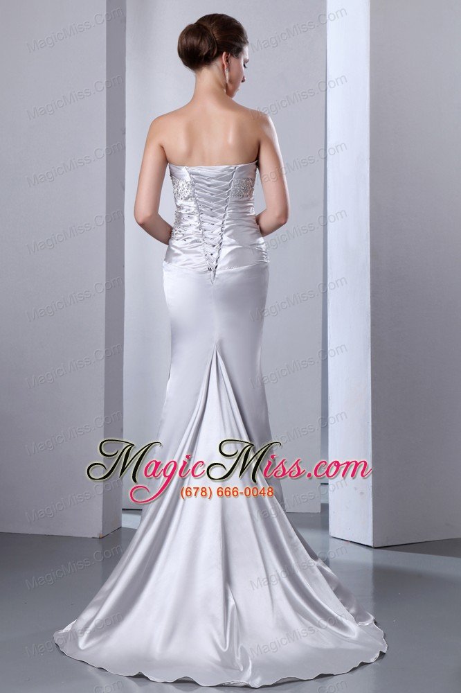 wholesale sliver wedding dress column strapless beading brush train elastic wove satin