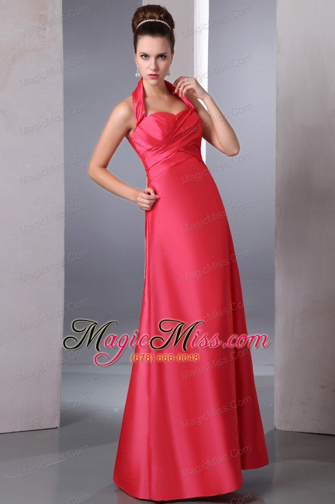 wholesale coral red column halter ankle-length taffeta ruch prom dress