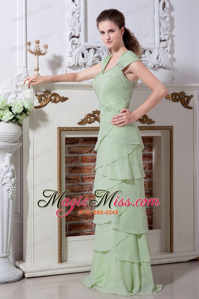 wholesale apple green column straps floor-length chiffon beading and rulles layers prom dress