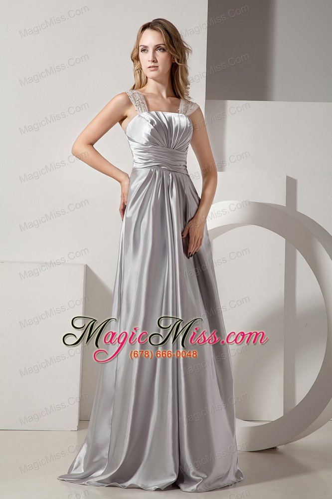 wholesale sliver column straps floor-length satin ruch and beading prom dress