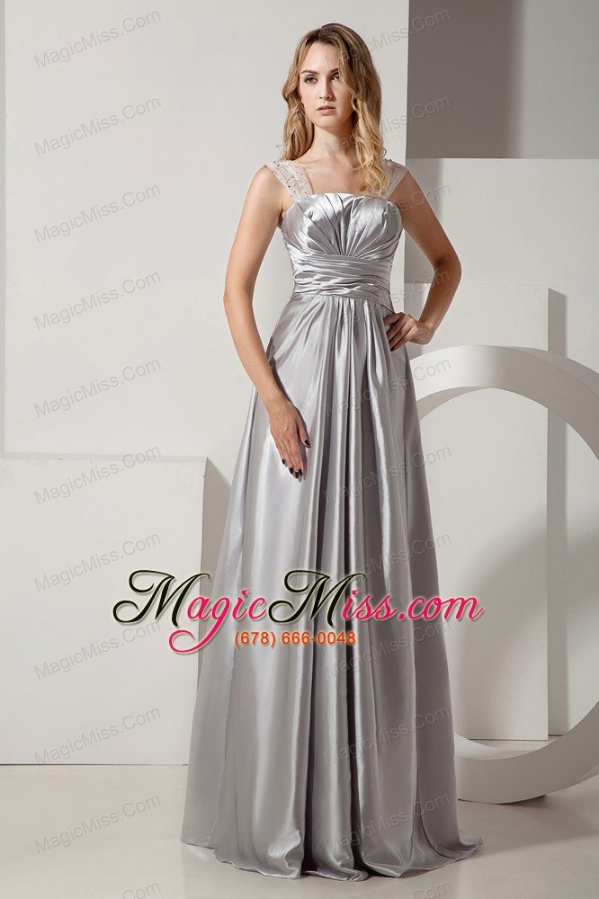 wholesale sliver column straps floor-length satin ruch and beading prom dress