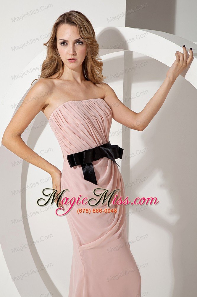 wholesale pink column strapless brush train chiffon bow prom dress