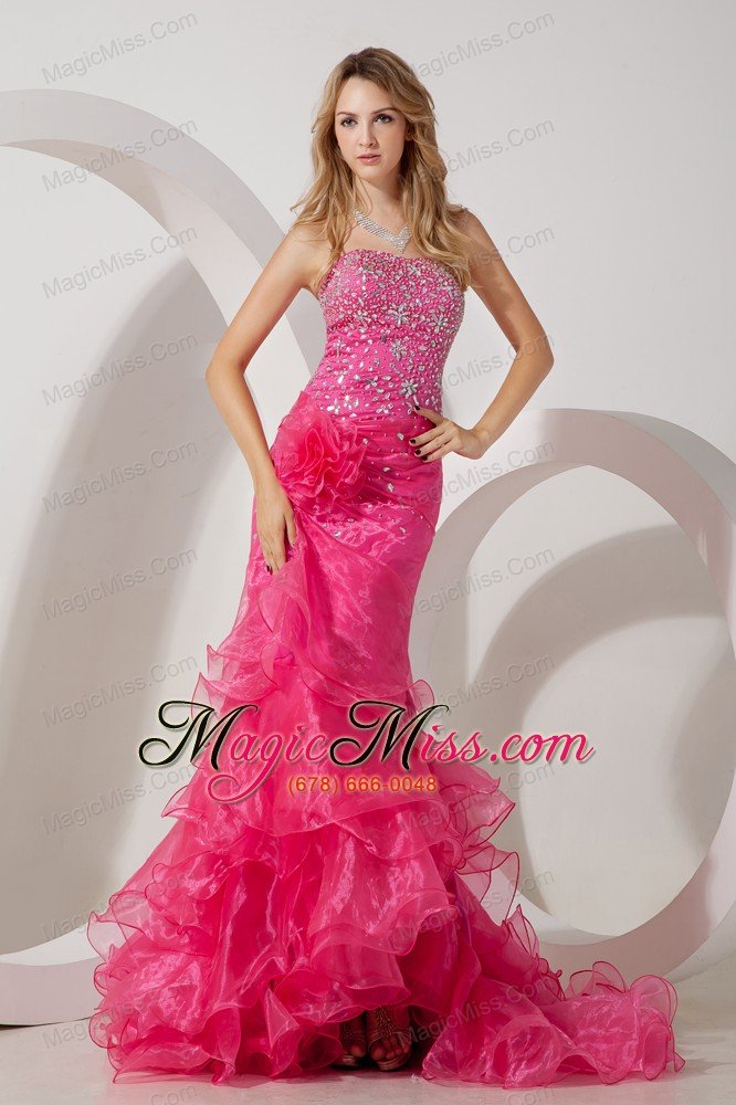 wholesale hot pink mermaid strapless brush ruffles train prom / evening dress with beading