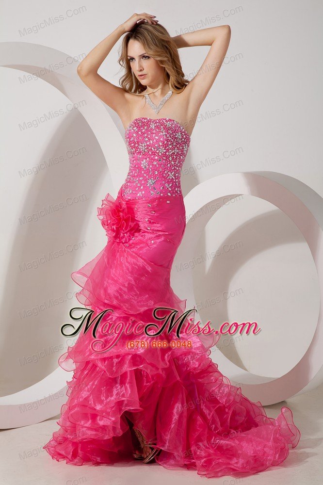 wholesale hot pink mermaid strapless brush ruffles train prom / evening dress with beading