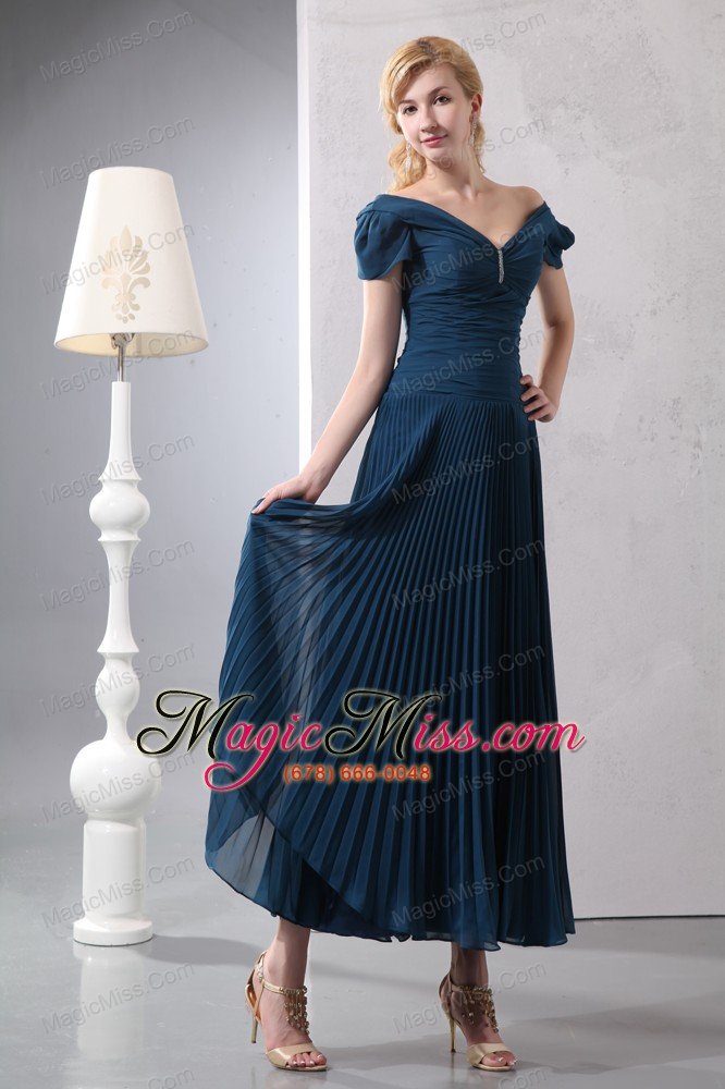 wholesale navy blue column v-neck ankle-length chiffon and organza beading prom dress