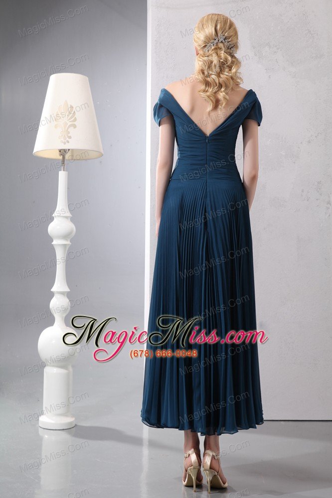 wholesale navy blue column v-neck ankle-length chiffon and organza beading prom dress