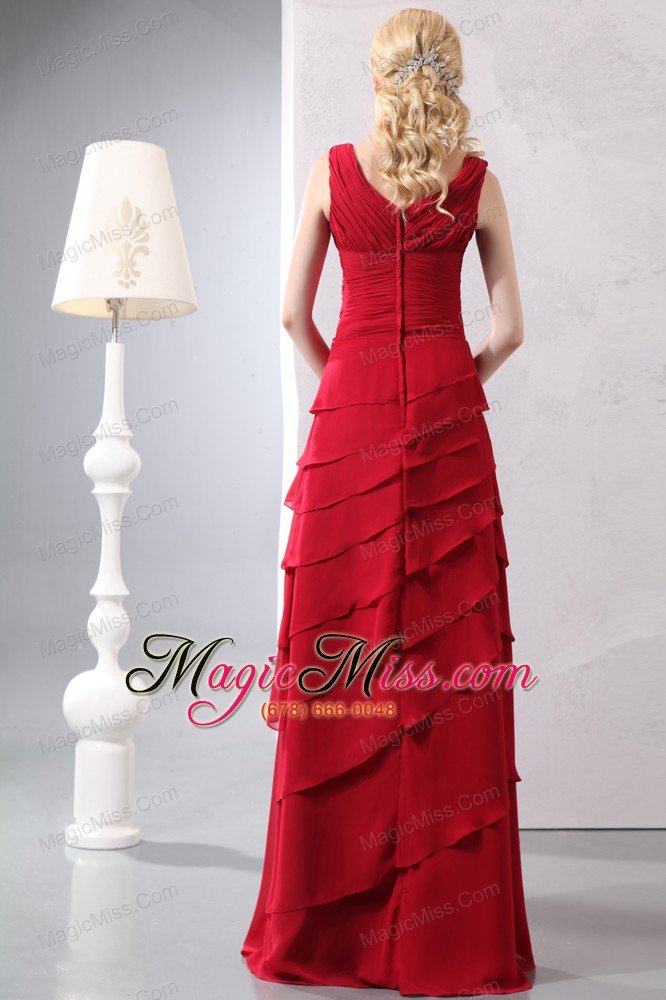 wholesale red column v-neck floor-length chiffon ruch prom dress