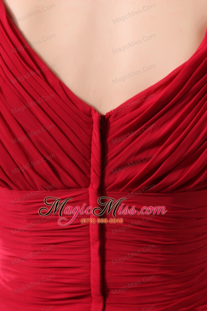 wholesale red column v-neck floor-length chiffon ruch prom dress