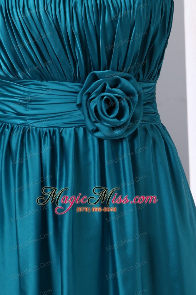 wholesale teal empire one shoulder floor-length chiffon and elastic wove satin hand made flowers and ruch prom dress