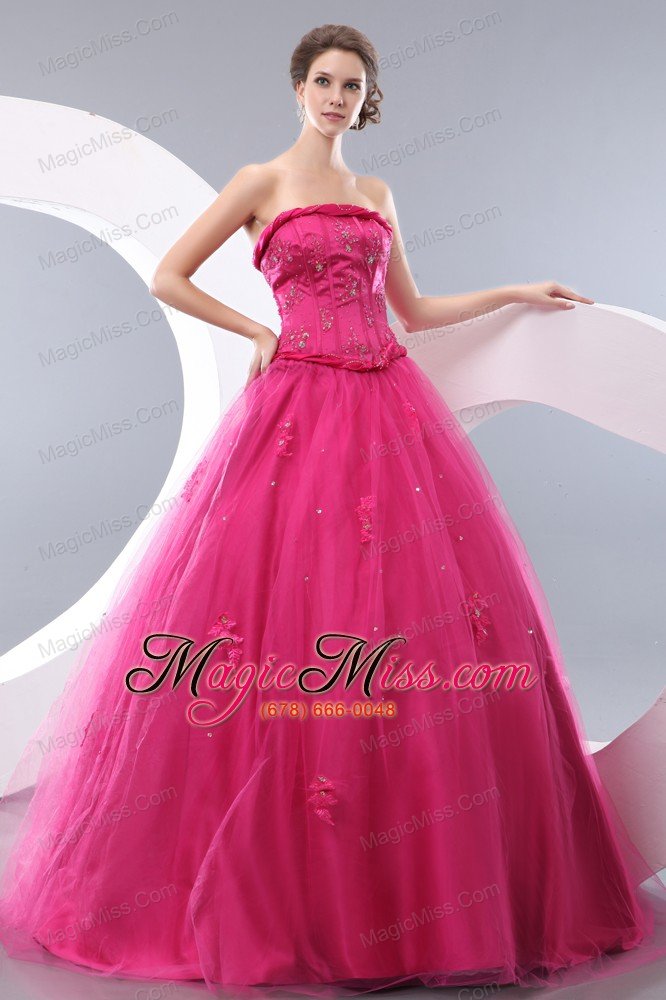 wholesale hot pink a-line strapless floor-length tulle beading prom / evening dress