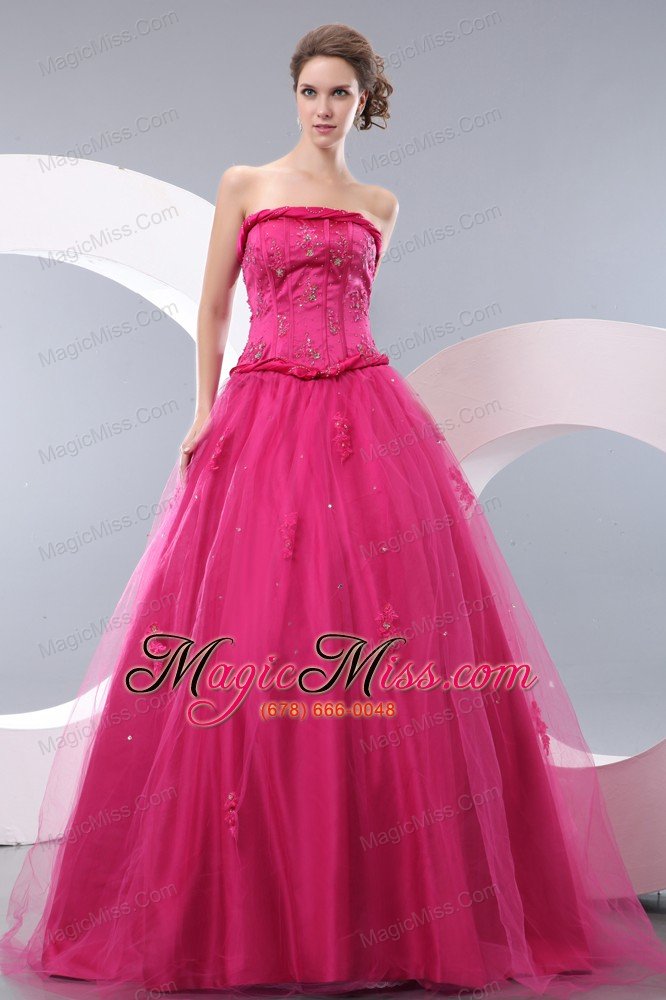wholesale hot pink a-line strapless floor-length tulle beading prom / evening dress