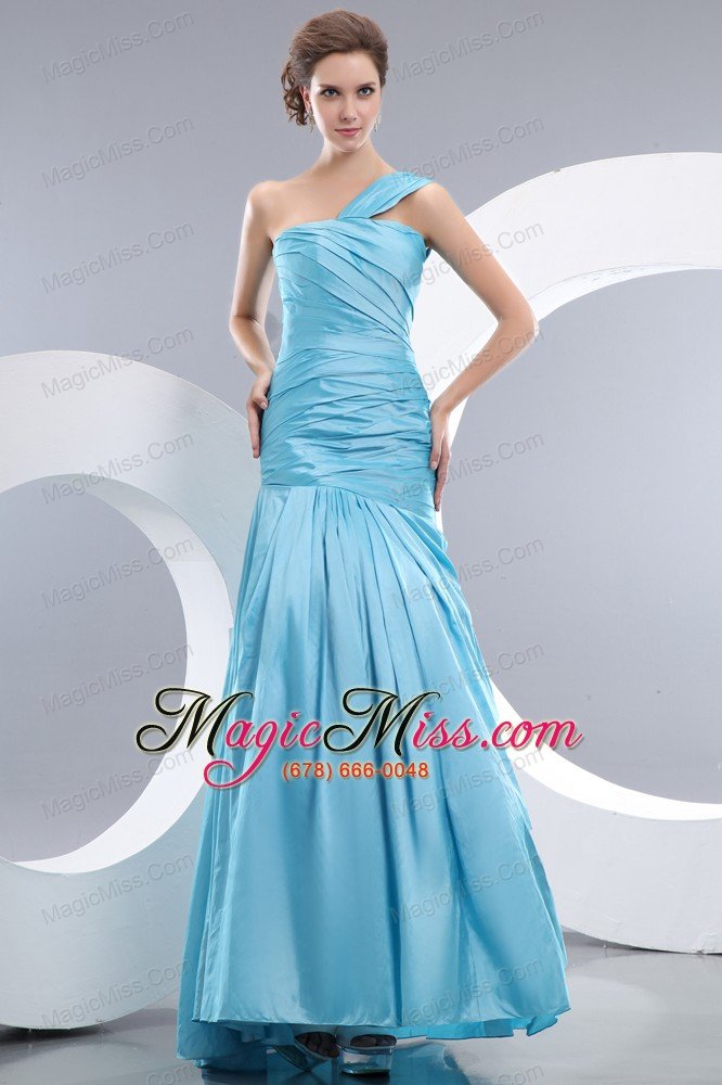 wholesale aqua blue mermaid one shoulder floor-length taffeta ruch prom / evening dress