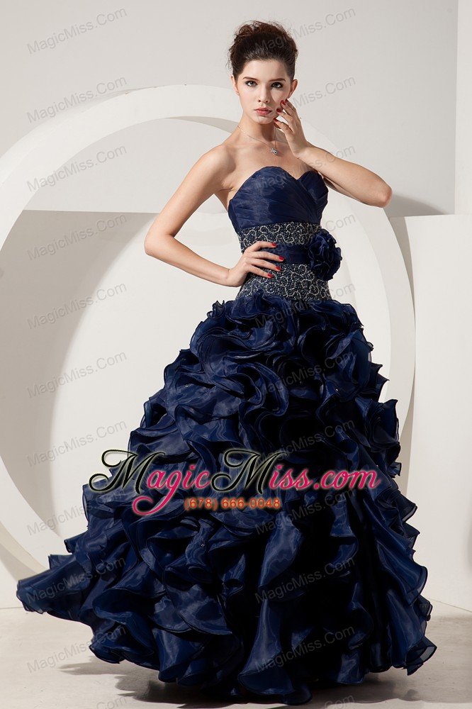wholesale navy blue a-line / princess sweetheart floor-length organza beading prom dress