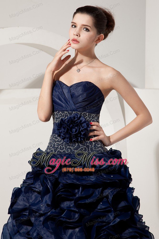 wholesale navy blue a-line / princess sweetheart floor-length organza beading prom dress
