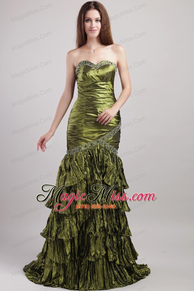 wholesale olive green column sweetheart brush train taffeta beading and ruch prom / celebrity dress