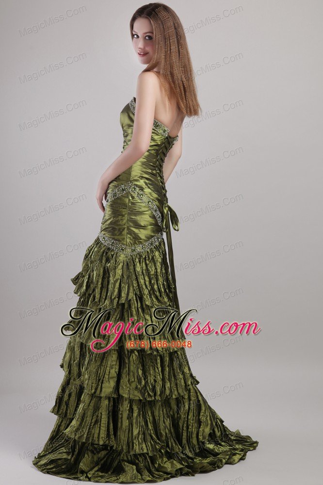 wholesale olive green column sweetheart brush train taffeta beading and ruch prom / celebrity dress
