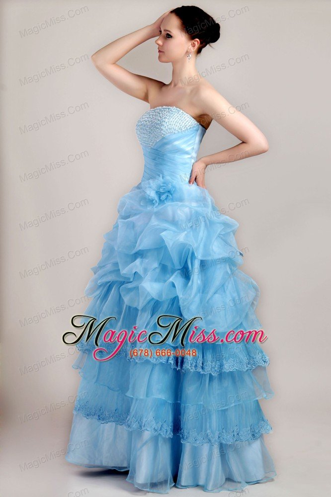 wholesale blue a-line strapless floor-length taffeta and organza beading prom dress