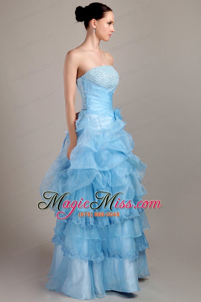 wholesale blue a-line strapless floor-length taffeta and organza beading prom dress
