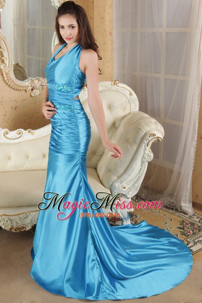 wholesale aqua blue column halter prom dress elastic woven satin sequins brush train
