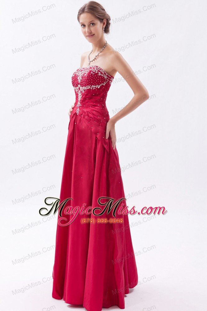 wholesale wine red column / sheath strapless prom dress satin embroidery with beading floor-length