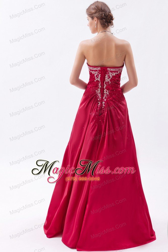 wholesale wine red column / sheath strapless prom dress satin embroidery with beading floor-length