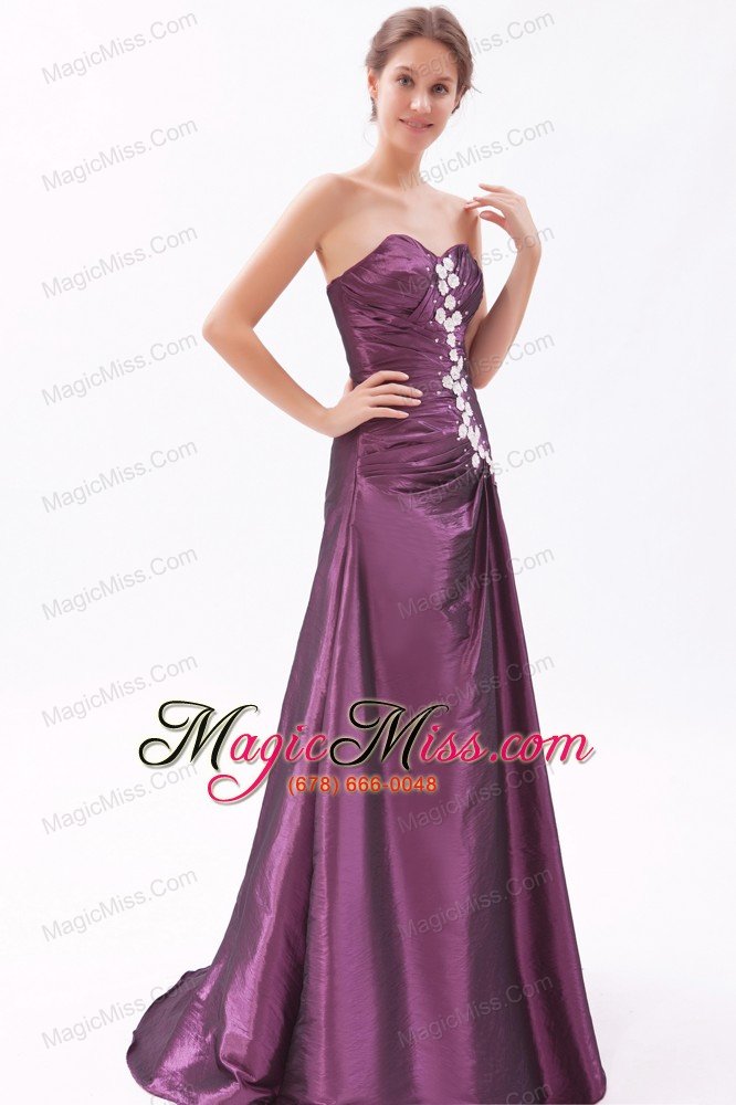 wholesale purple a-line / princess sweetheart brush train taffeta beading prom dress