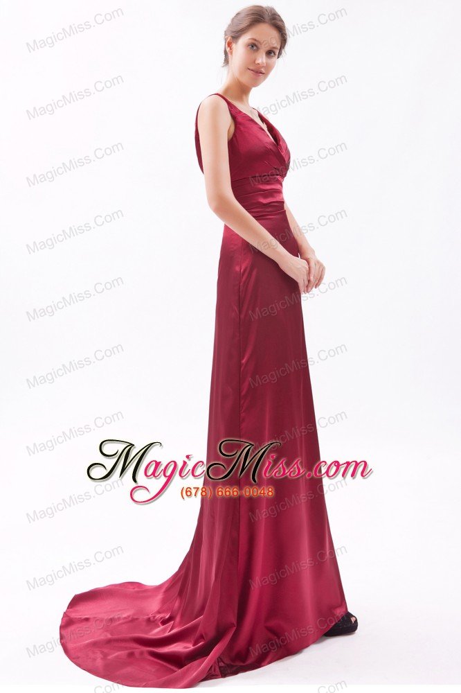wholesale red column v-neck brush train taffeta ruch bridesmaid dress