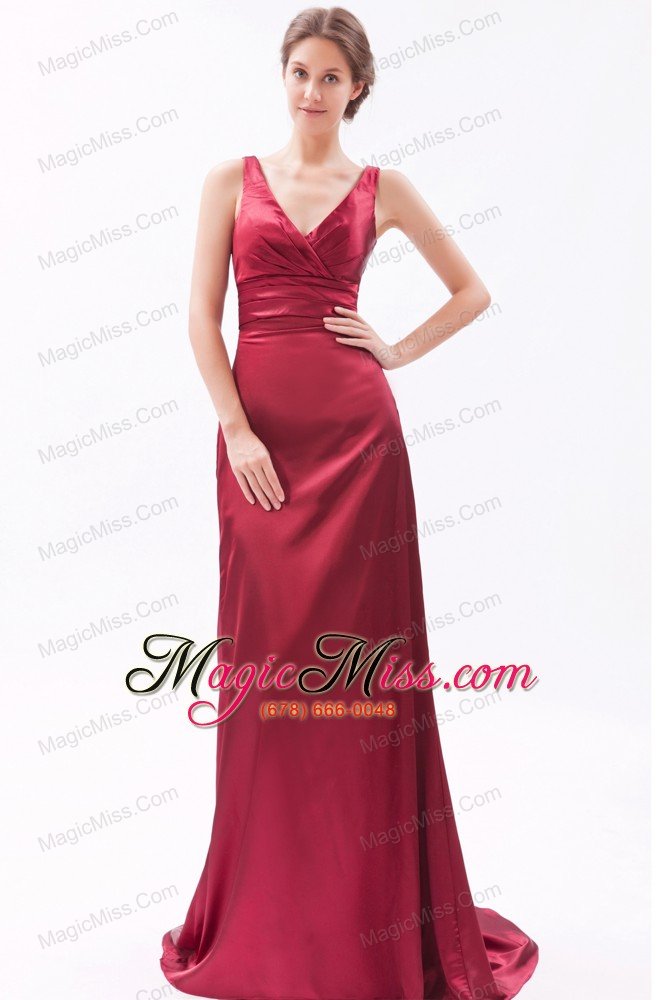 wholesale red column v-neck brush train taffeta ruch bridesmaid dress