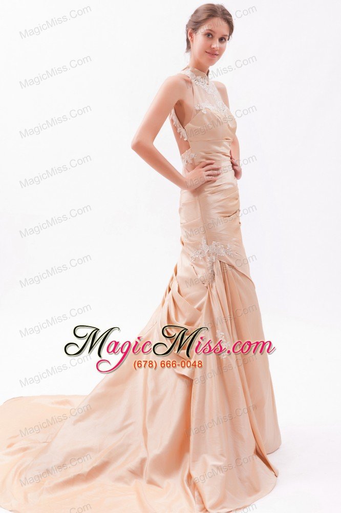 wholesale champagne mermaid high-neck court train taffeta embroidery with beading prom dress