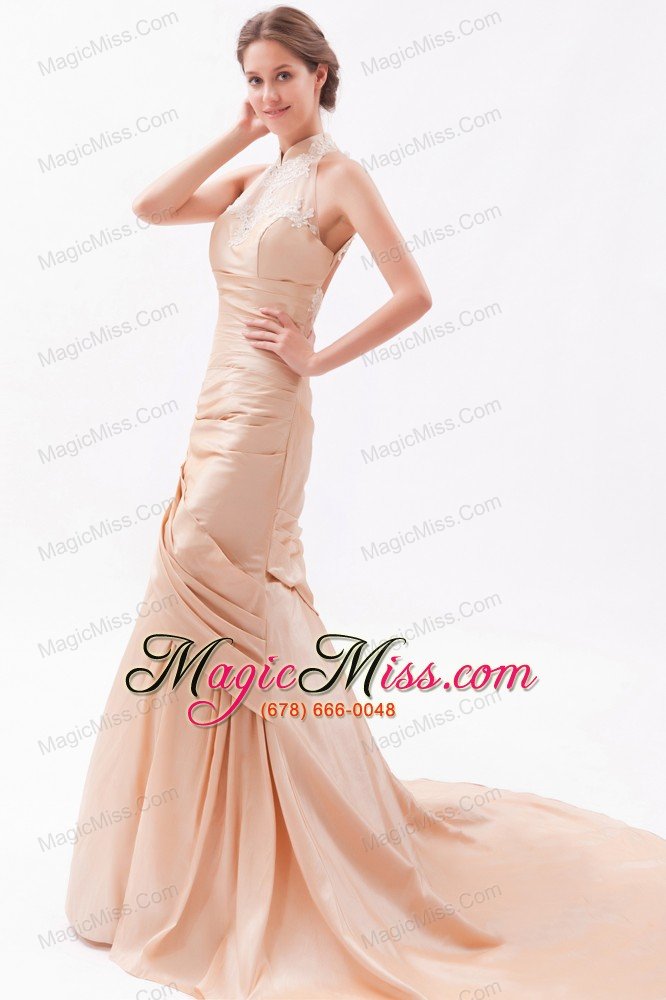 wholesale champagne mermaid high-neck court train taffeta embroidery with beading prom dress