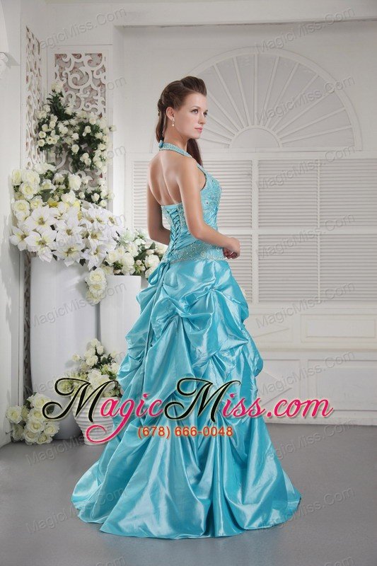 wholesale aqua blue princess halter floor-length taffeta appliques prom / graduation dress
